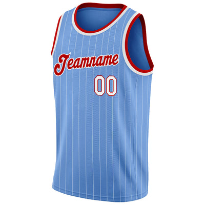 Custom Light Blue White Pinstripe White-Red Authentic Basketball Jersey