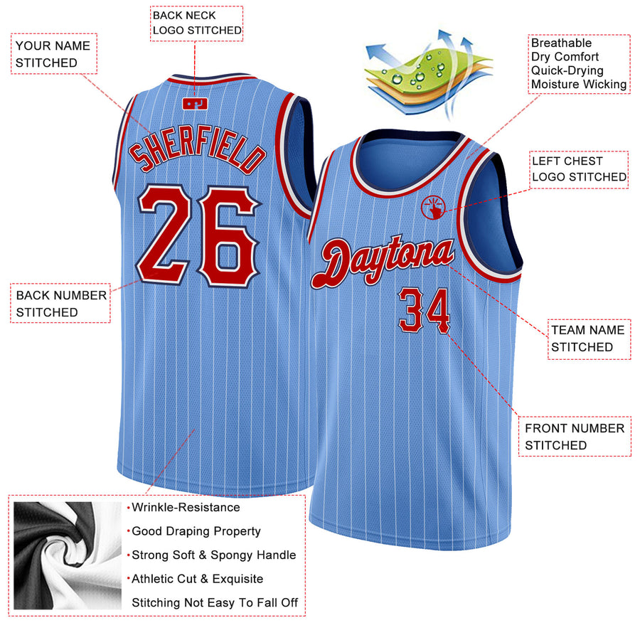 Custom Light Blue White Pinstripe Red-Navy Authentic Basketball Jersey