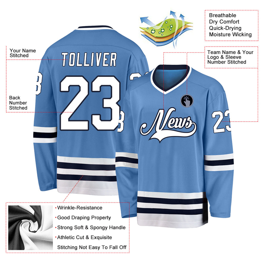 Custom Light Blue White-Navy Hockey Jersey