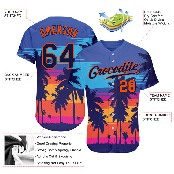 Custom Yellow Royal 3D Pattern Design Sun Beach Hawaii Palm Trees Authentic Baseball Jersey Men's Size:3XL