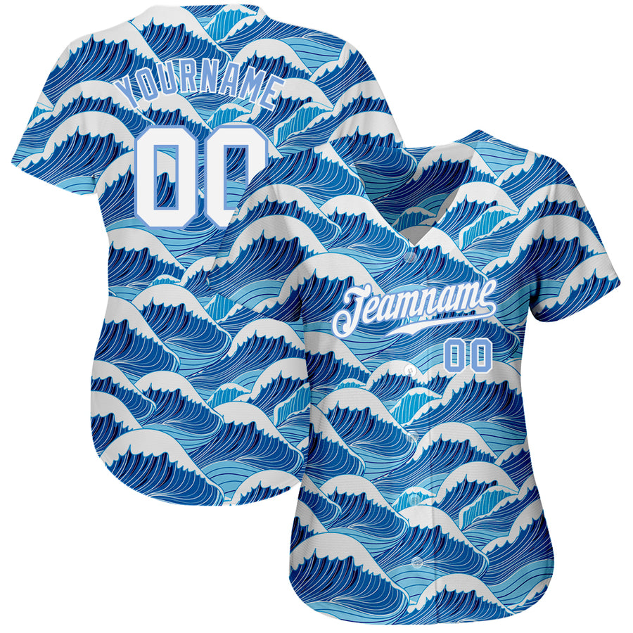 Custom Light Blue White-Light Blue 3D Pattern Design Waves Authentic Baseball Jersey