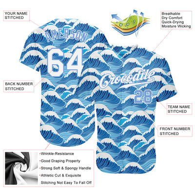 Custom Light Blue White-Light Blue 3D Pattern Design Waves Authentic Baseball Jersey