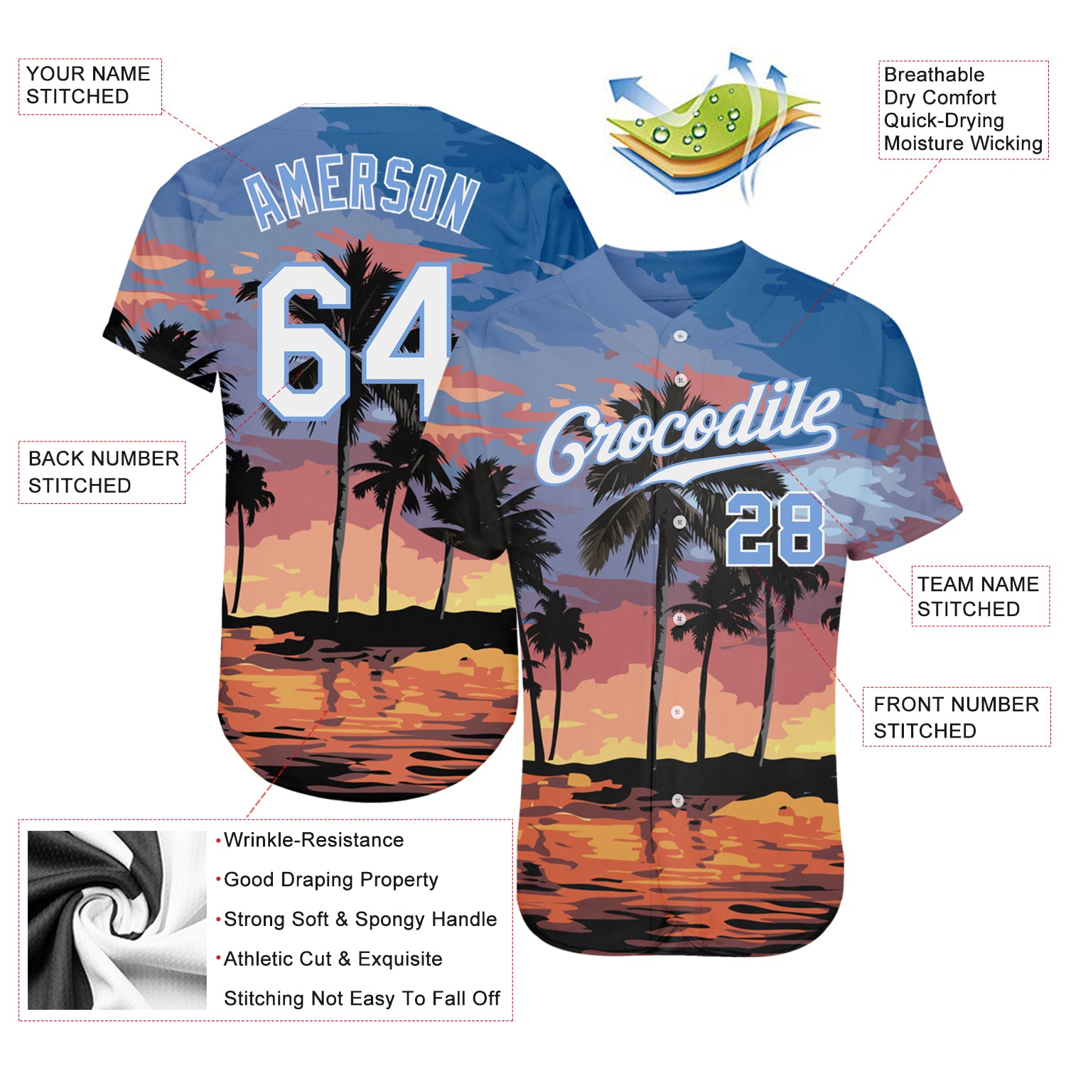 Custom Light Blue White-Light Blue 3D Pattern Design Palm Trees Authentic Baseball Jersey