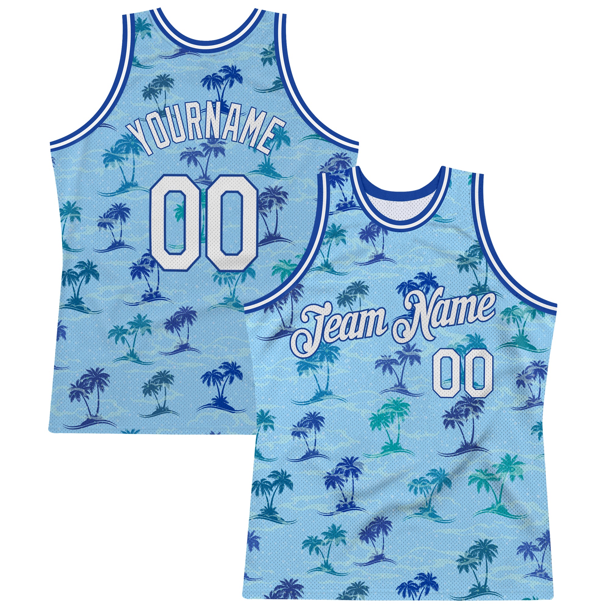 FANSIDEA Custom Light Blue White-Royal 3D Pattern Design Palm Trees Authentic Basketball Jersey Men's Size:3XL