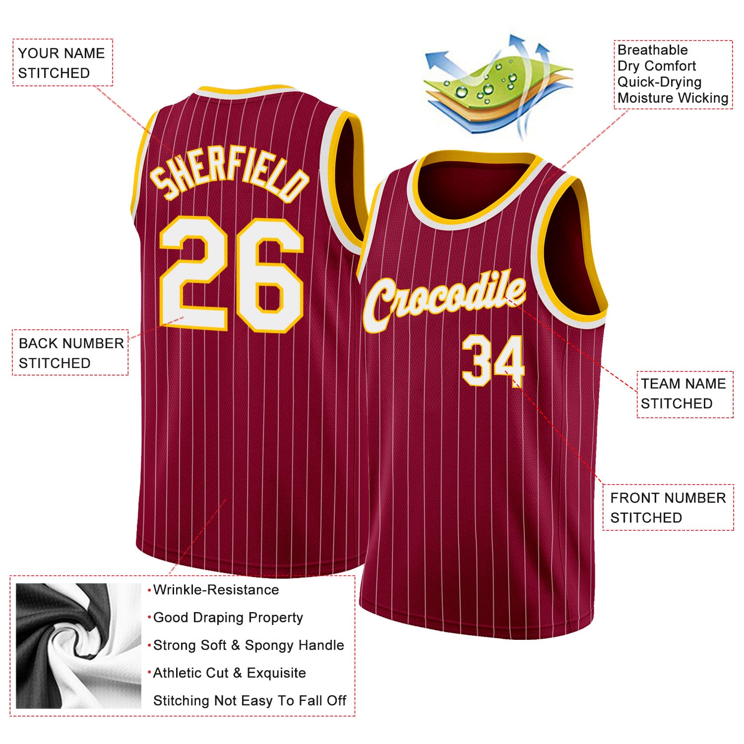 Custom Maroon White Pinstripe White-Gold Authentic Basketball Jersey