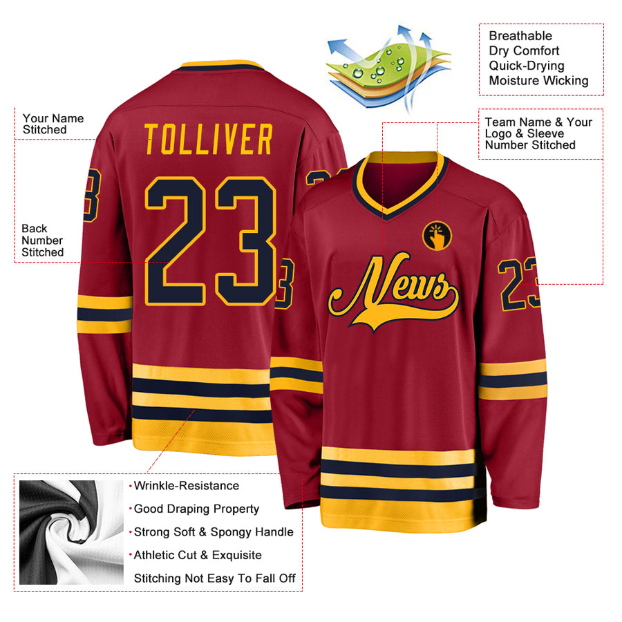 Custom Maroon Navy-Gold Hockey Jersey