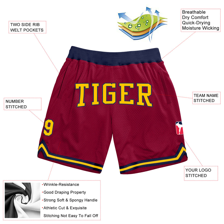 Custom Maroon Gold-Navy Authentic Throwback Basketball Shorts