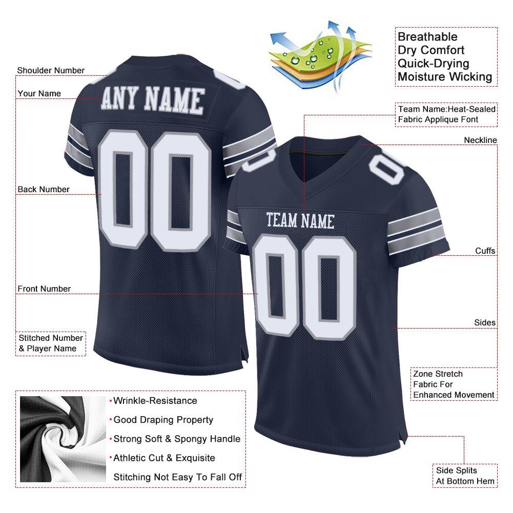 Custom Navy White-Light Gray Mesh Authentic Football Jersey