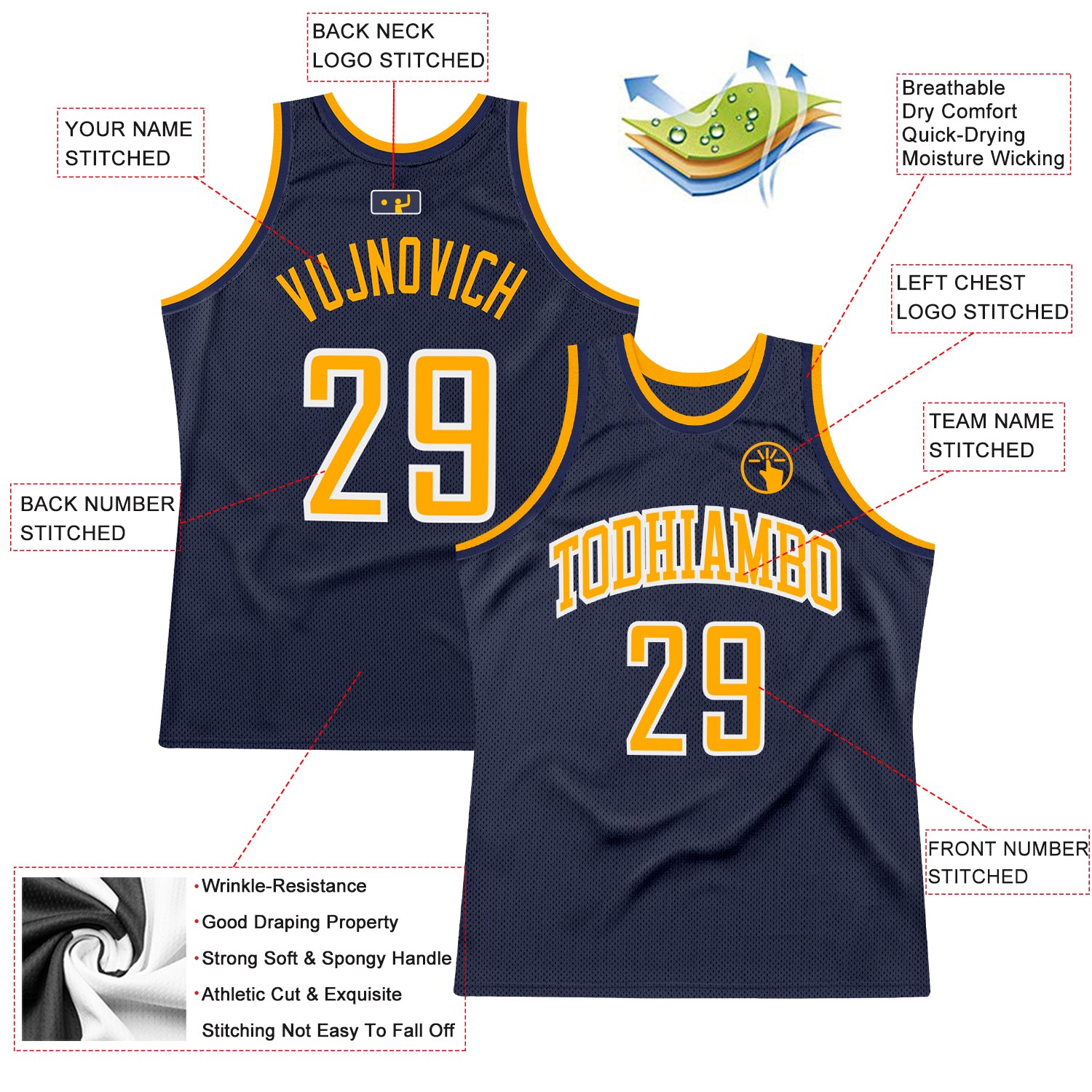 Custom Navy Gold-White Authentic Throwback Basketball Jersey