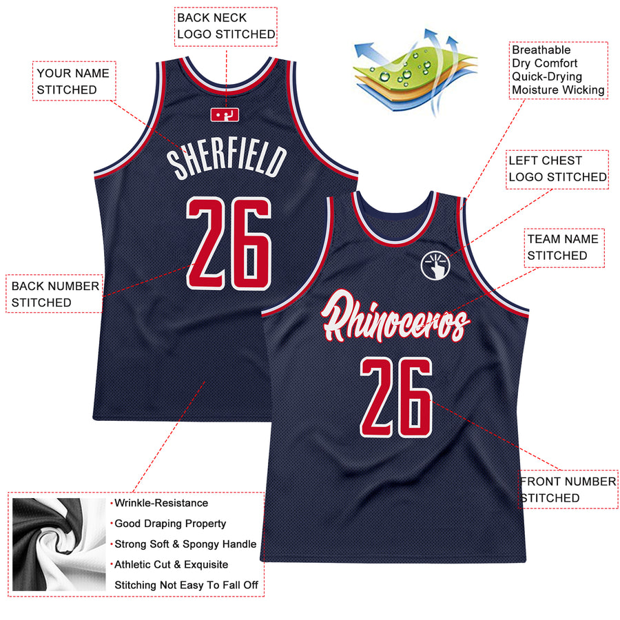 Custom Navy Red-White Authentic Throwback Basketball Jersey