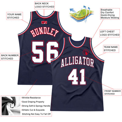 Custom Navy White-Red Authentic Throwback Basketball Jersey