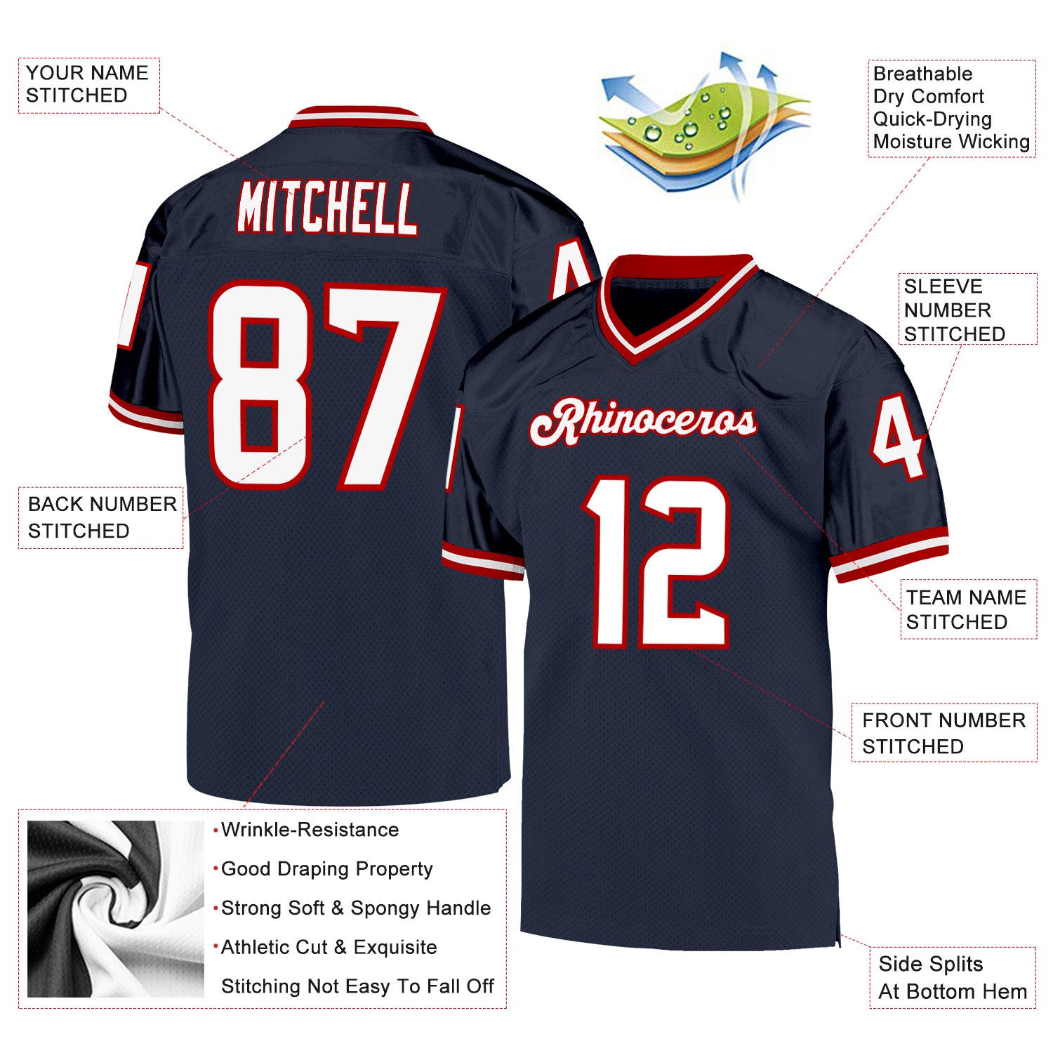 Custom Navy White-Red Mesh Authentic Throwback Football Jersey