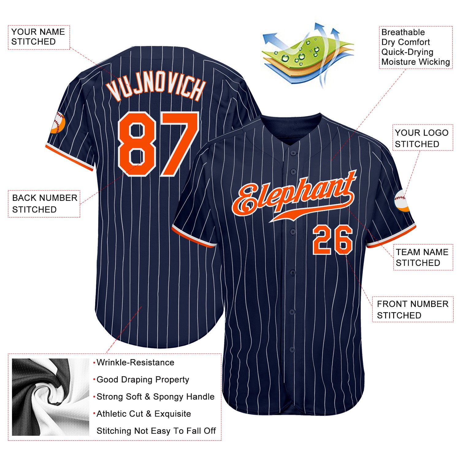 Custom Navy White Pinstripe Orange-White Authentic Baseball Jersey