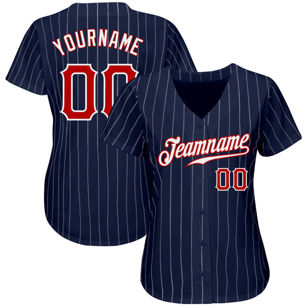 Custom White Navy Pinstripe Red-Navy Authentic Baseball Jersey