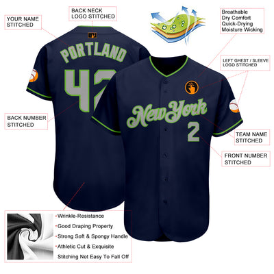 Custom Navy Gray-Neon Green Authentic Baseball Jersey Jersey