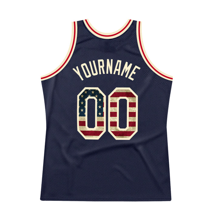 Custom Navy Vintage USA Flag-Cream Authentic Throwback Basketball Jersey