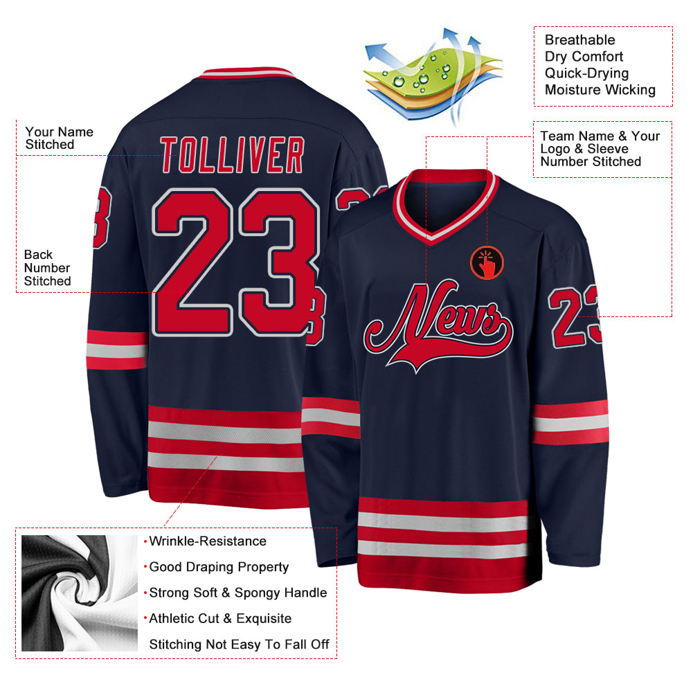 Custom Navy Red-Gray Hockey Jersey