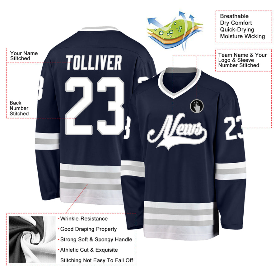 Custom Navy White-Gray Hockey Jersey