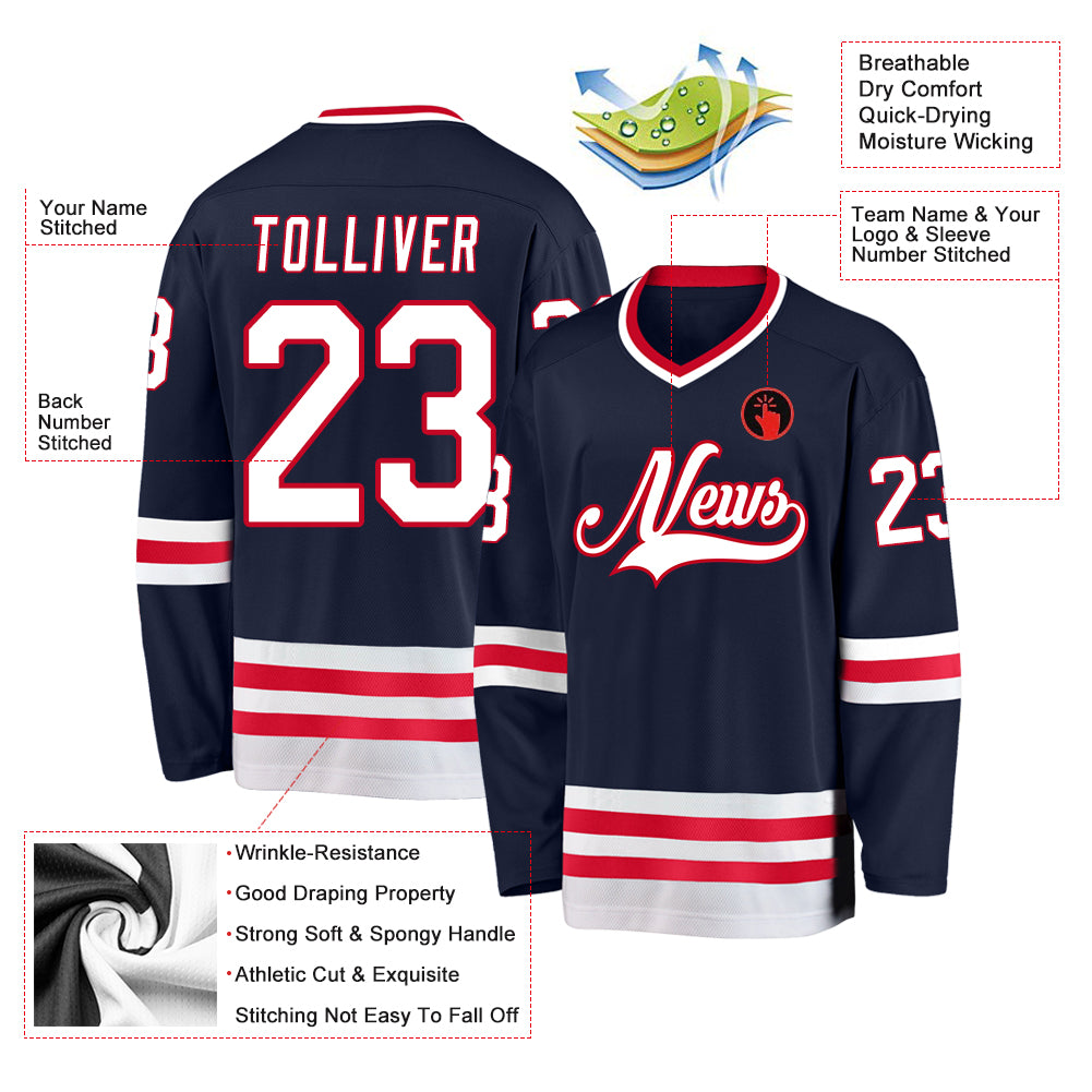 Custom Navy White-Red Hockey Jersey