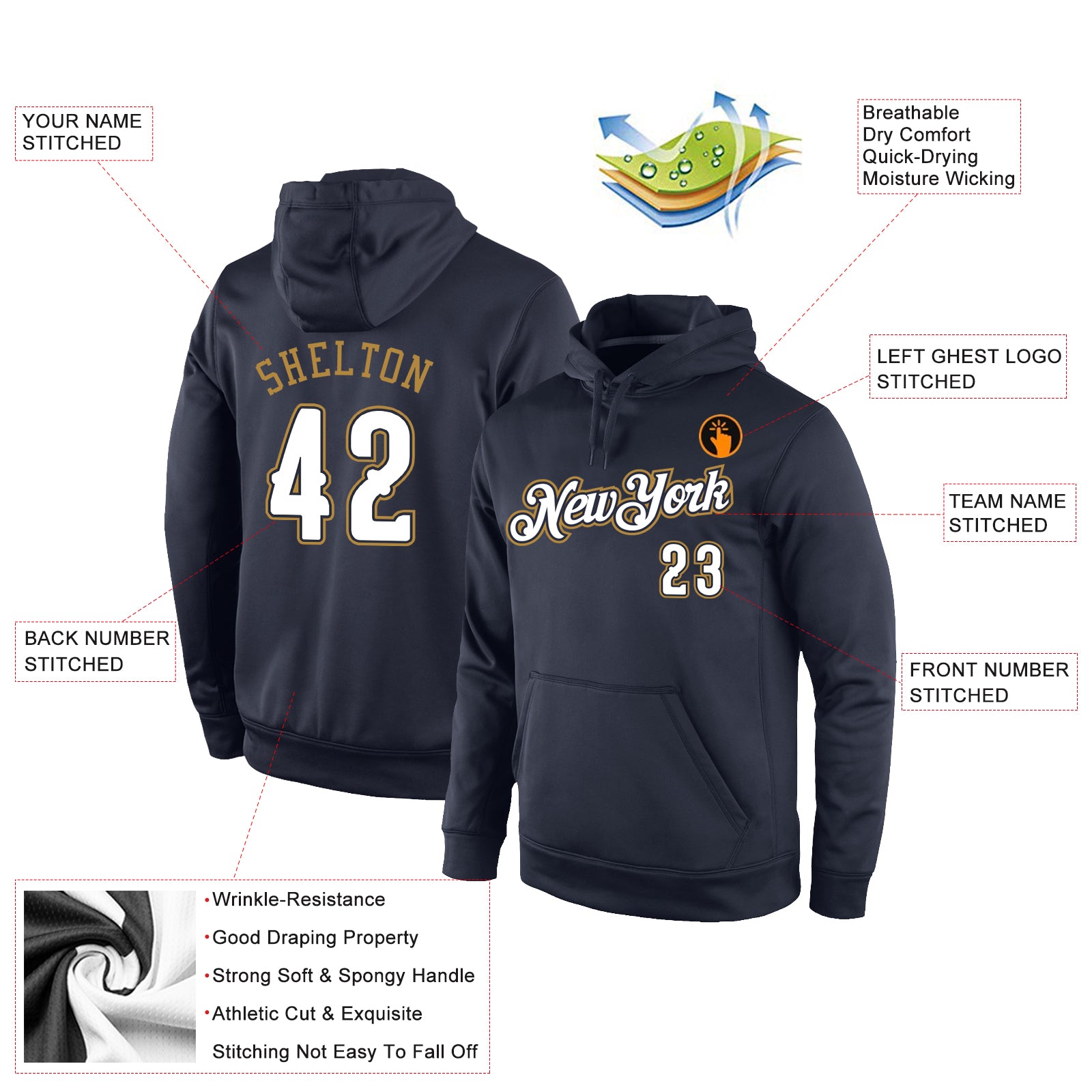 Custom Stitched Navy White-Old Gold Sports Pullover Sweatshirt Hoodie