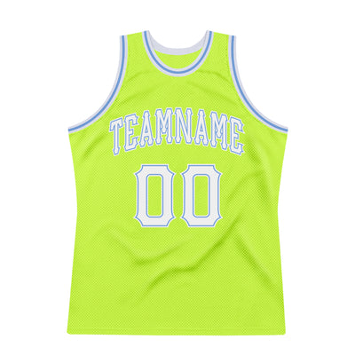 Custom Neon Green White-Light Blue Authentic Throwback Basketball Jersey