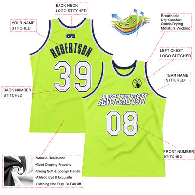 Custom Neon Green White-Navy Authentic Throwback Basketball Jersey