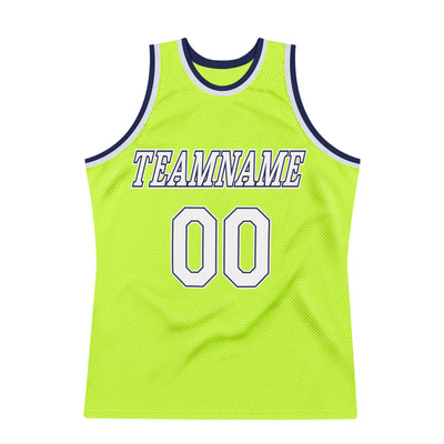 Custom Neon Green White-Navy Authentic Throwback Basketball Jersey