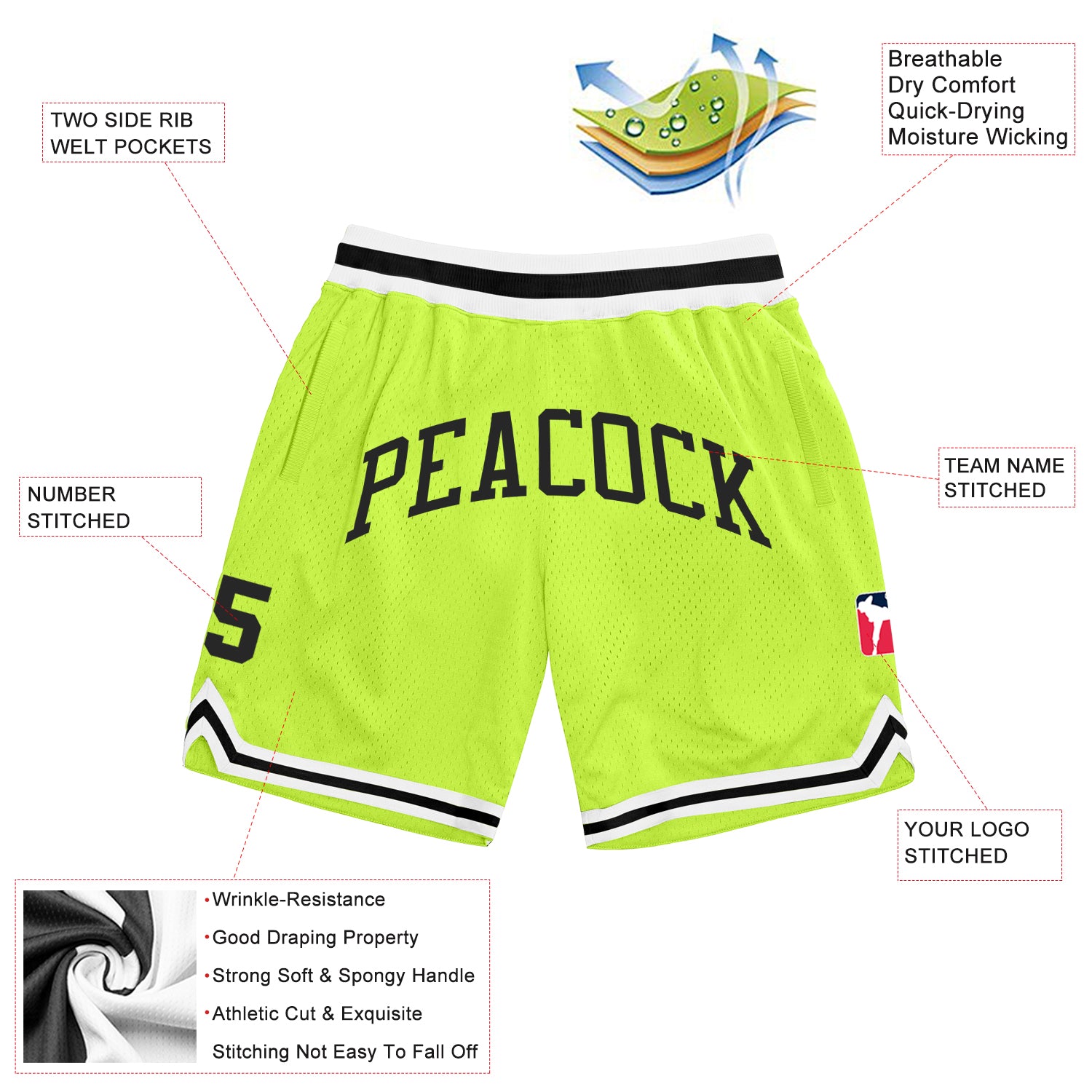 Custom Neon Green Black-White Authentic Throwback Basketball Shorts