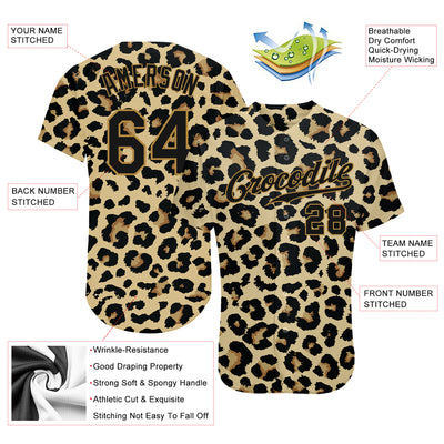 Custom Old Gold Black-Old Gold 3D Pattern Design Leopard Authentic Baseball Jersey