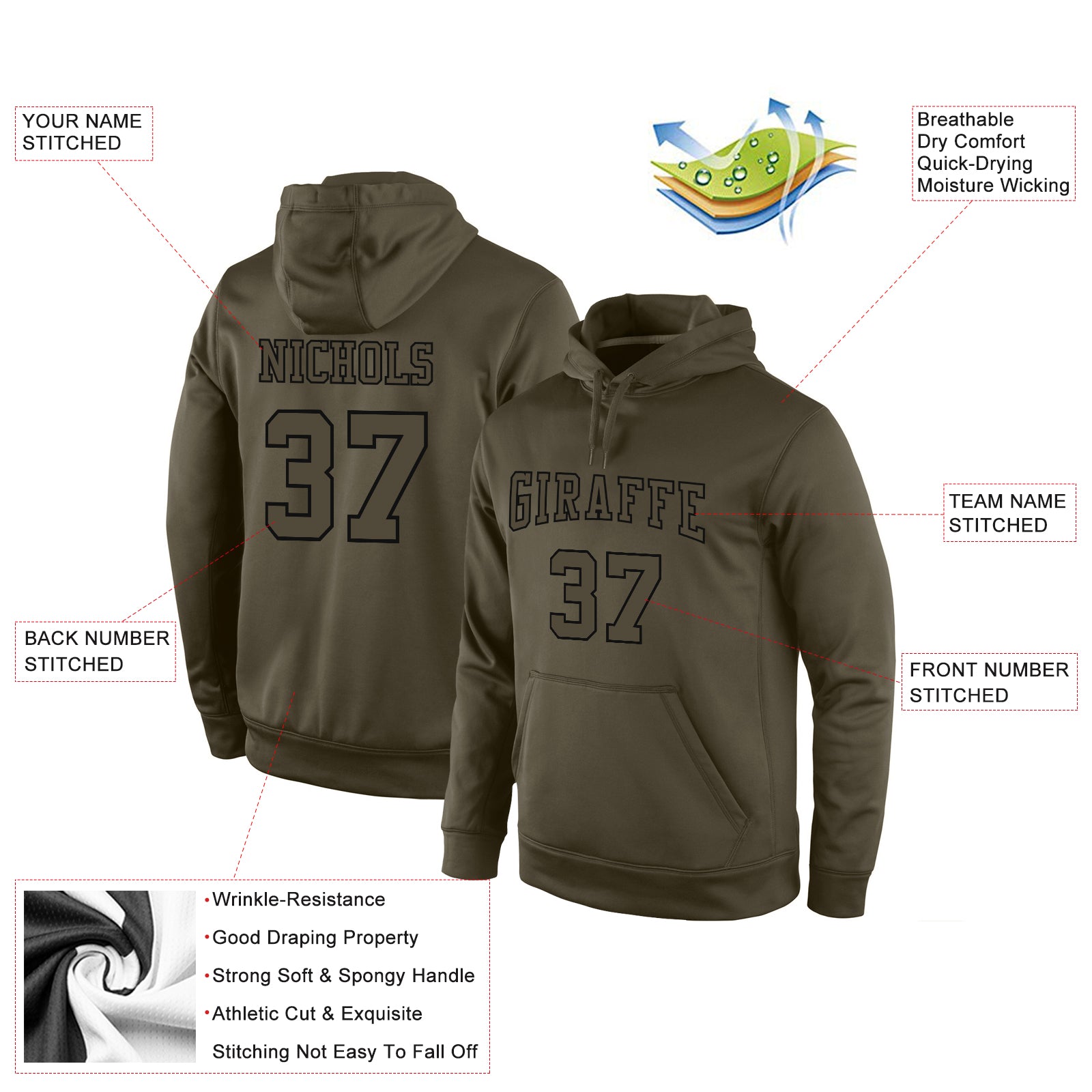 FANSIDEA Custom Stitched Olive Olive-Black Sports Pullover Sweatshirt Salute to Service Hoodie Men's Size:3XL