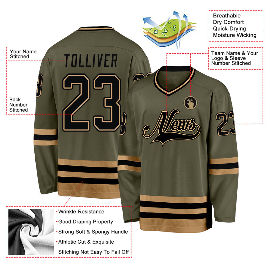 Custom Olive Black-Old Gold Salute To Service Hockey Jersey