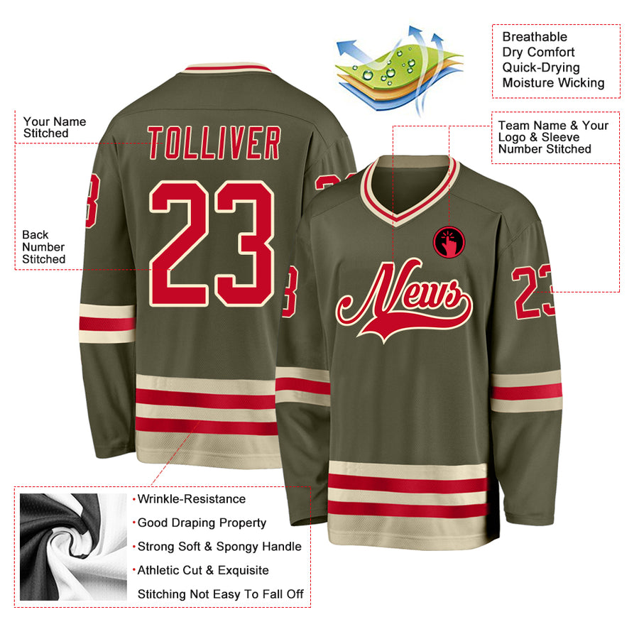 Custom Olive Red-Cream Salute To Service Hockey Jersey