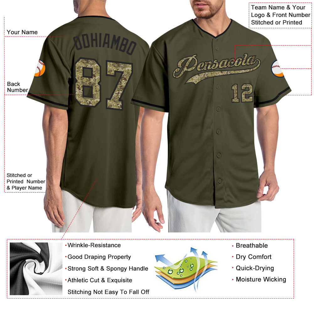 Custom Team Black Baseball Authentic Olive Salute To Service Jersey Camo