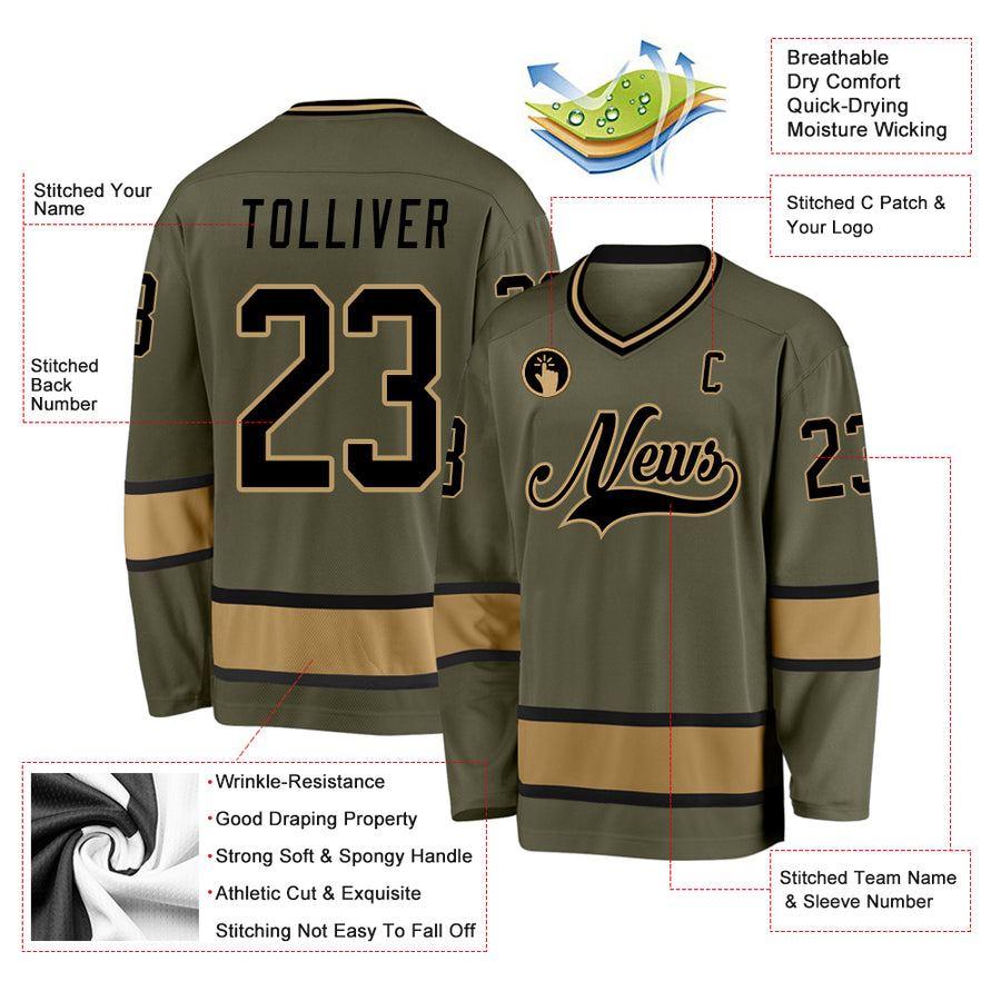 Custom Olive Black-Old Gold Salute To Service Hockey Jersey