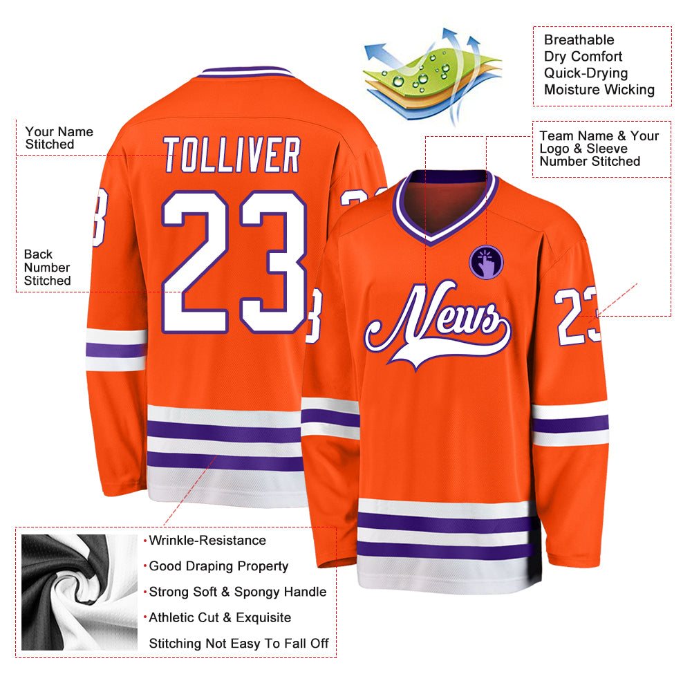 Custom White Purple-Orange Hockey Jersey Discount