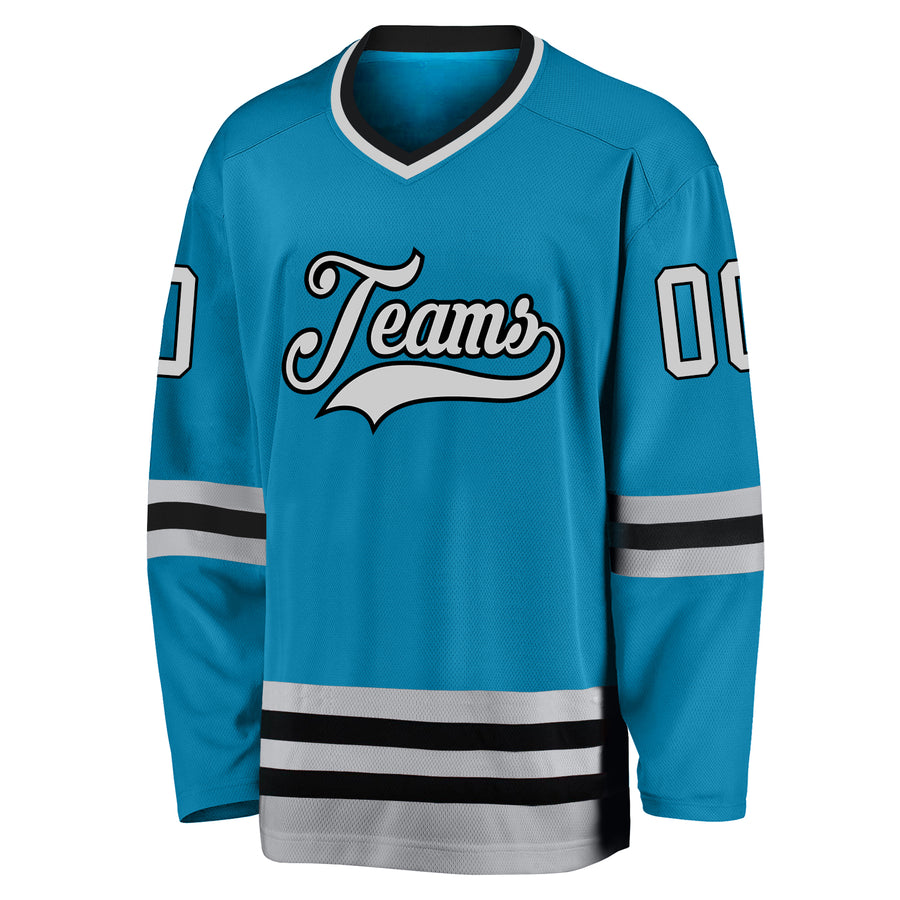 Custom Panther Blue Gray-Black Hockey Jersey