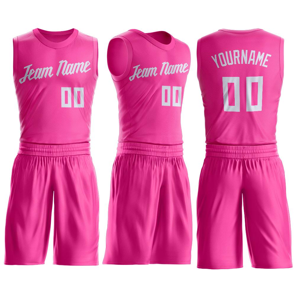 Custom Pink White Round Neck Suit Basketball Jersey Youth Size:M