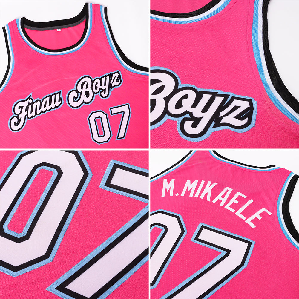 FANSIDEA Custom Pink Black-Light Blue Authentic Throwback Basketball Jersey Youth Size:S