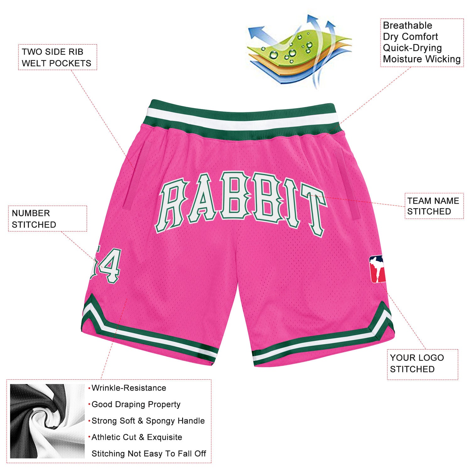 Custom Pink White-Kelly Green Authentic Throwback Basketball Shorts