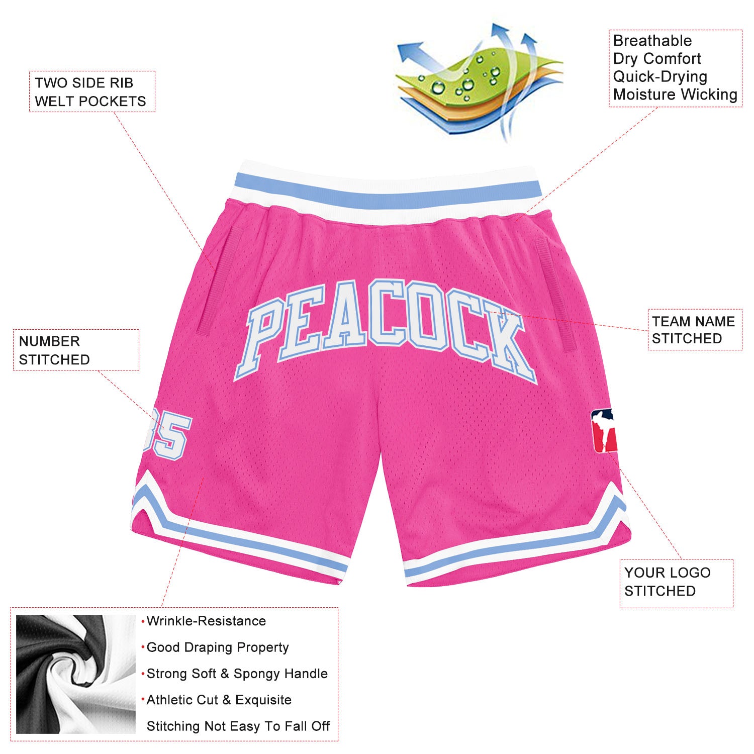 Custom Pink White-Light Blue Authentic Throwback Basketball Shorts