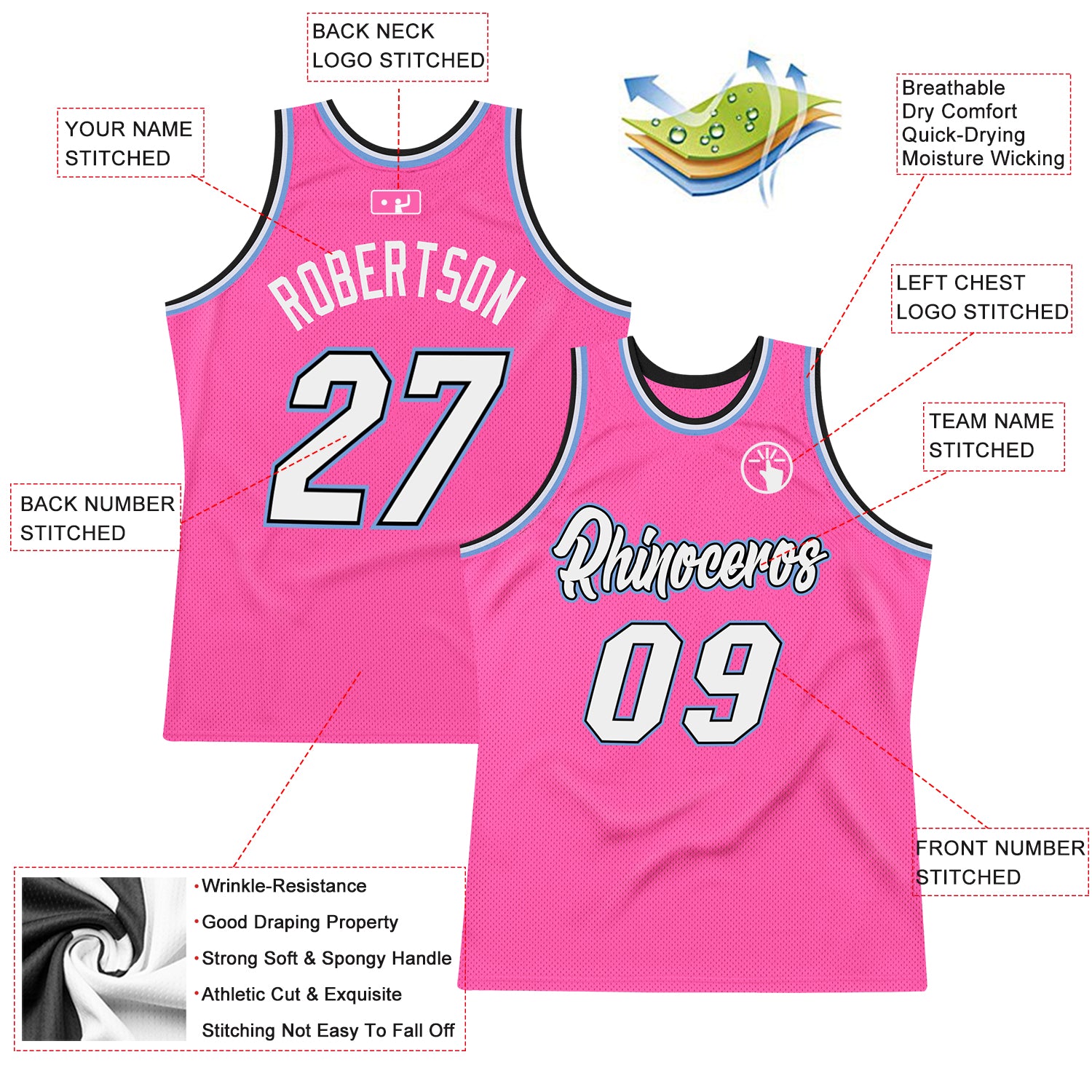 Custom Pink White-Light Blue Authentic Throwback Basketball Jersey