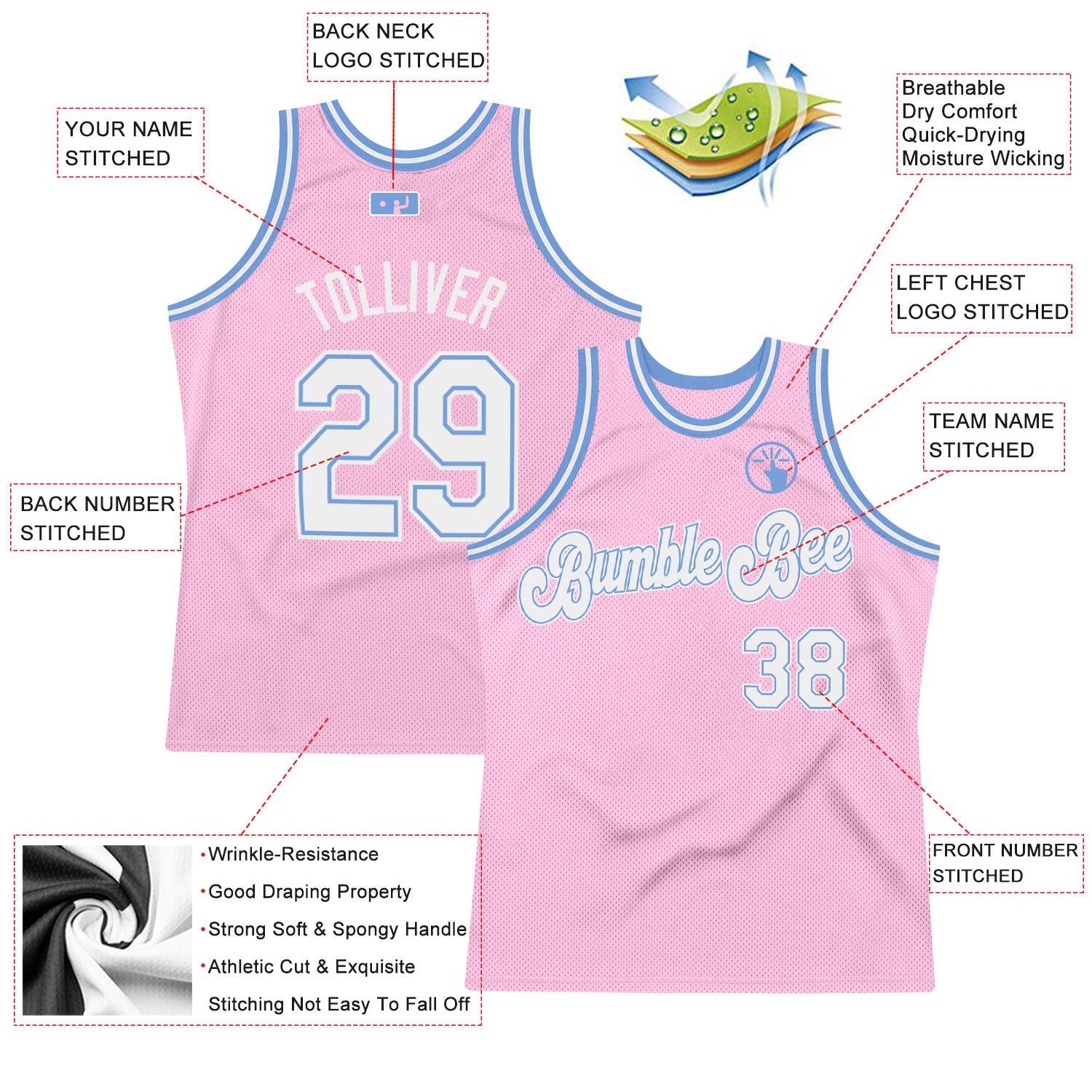 FANSIDEA Custom Pink White-Light Blue Authentic Throwback Basketball Jersey Men's Size:3XL