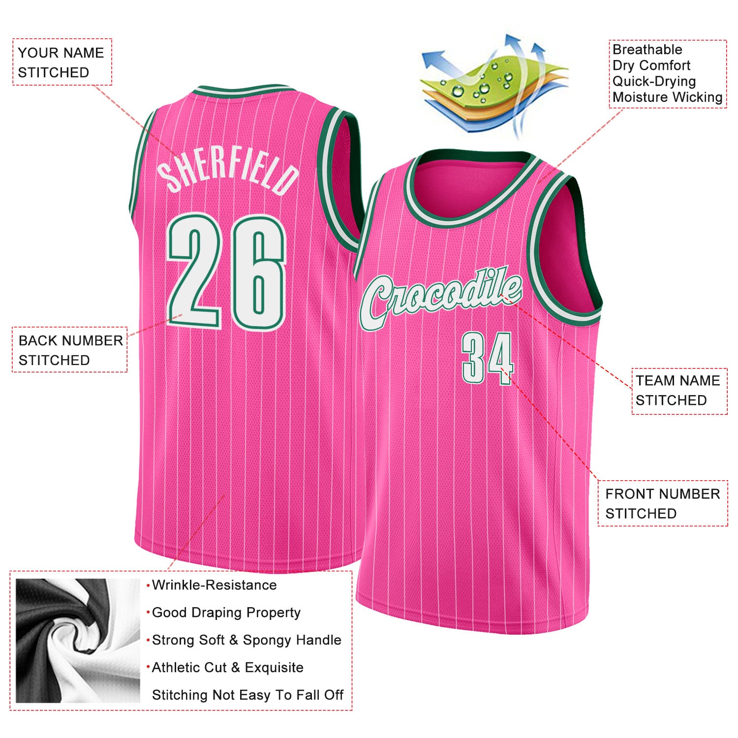 Custom Pink White Pinstripe White-Kelly Green Authentic Basketball Jersey