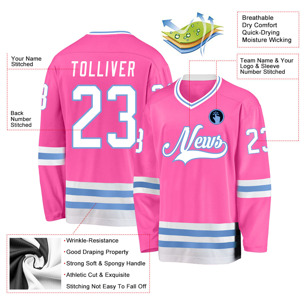 Custom Pink White-Light Blue Hockey Jersey