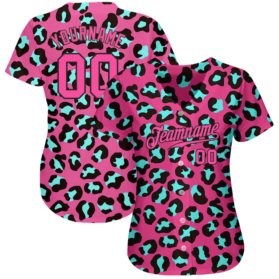 Custom Pink Pink-Black 3D Pattern Design Leopard Authentic Baseball Jersey