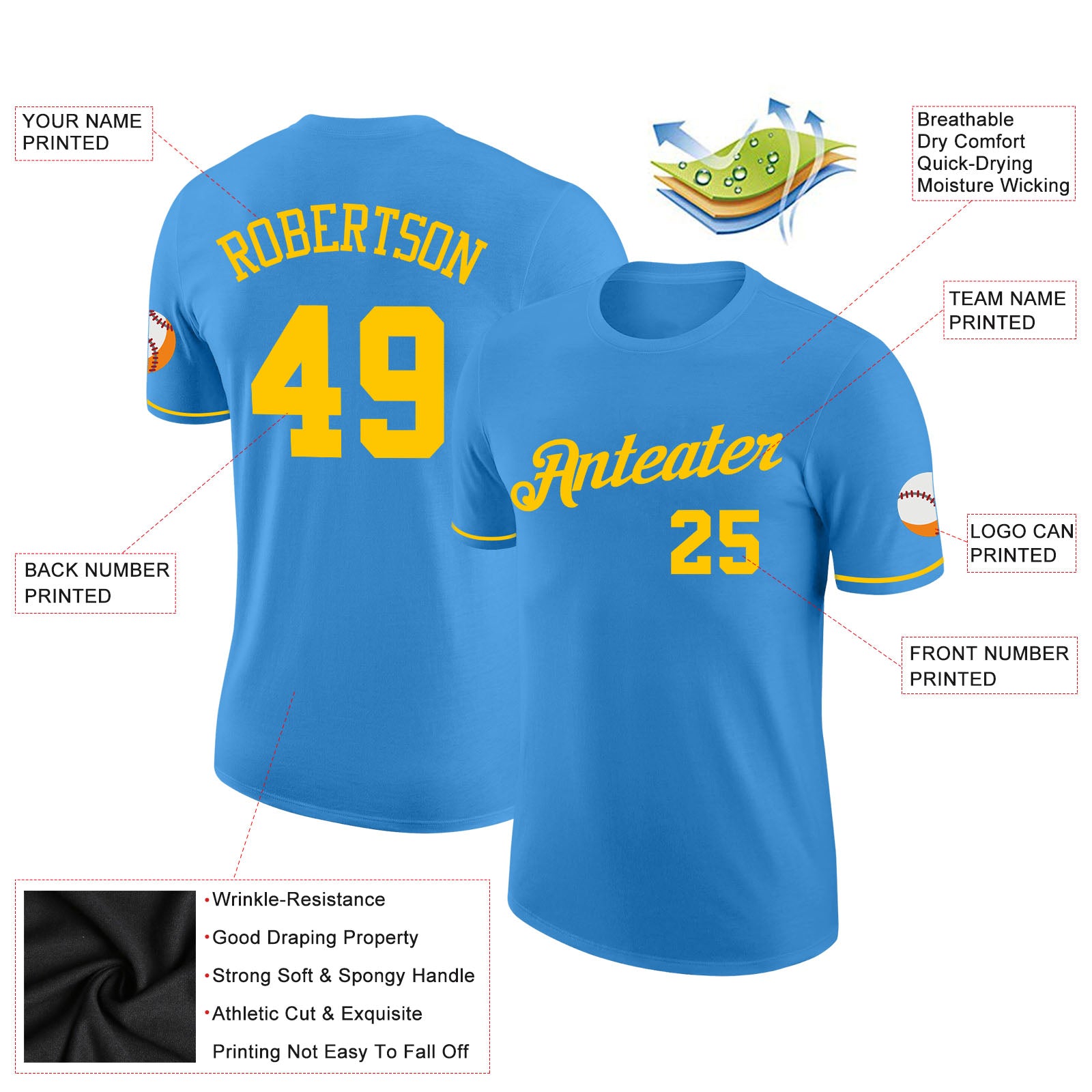 Custom Powder Blue Gold Performance T-Shirt