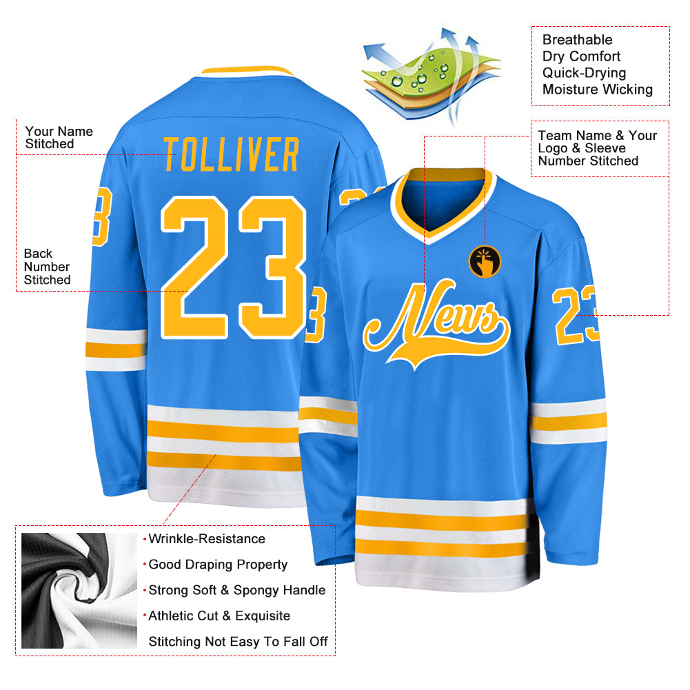 Custom Powder Blue Gold-White Hockey Jersey