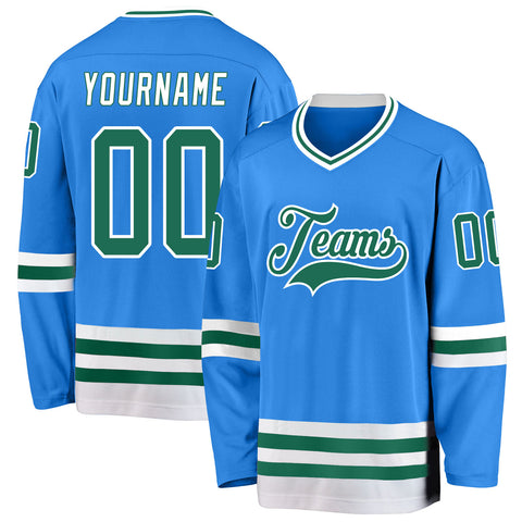 Custom Powder Blue Hockey Jersey Kelly Green-White - FansIdea