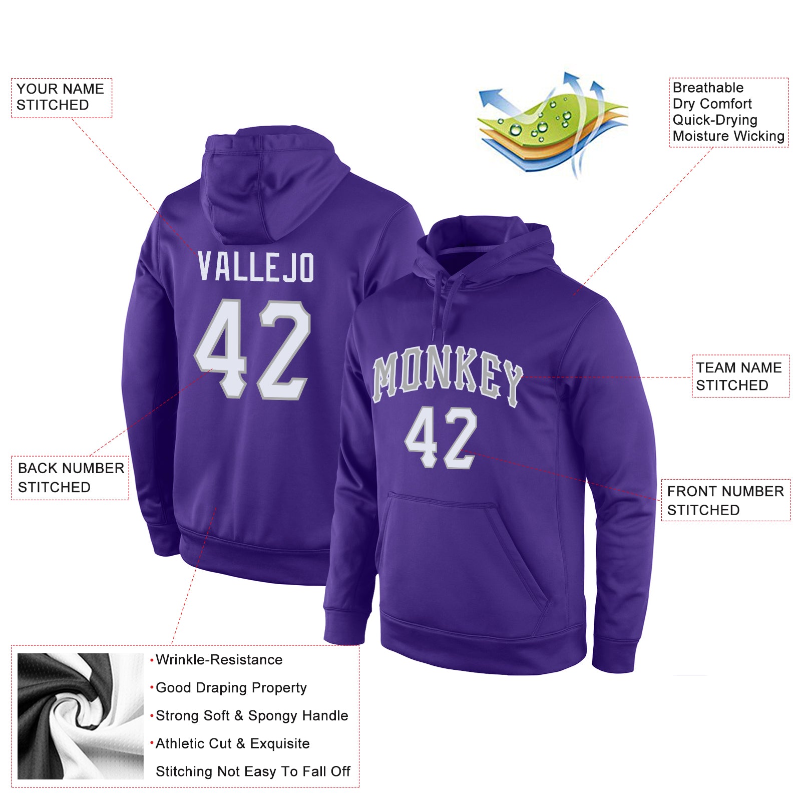 Custom Stitched Purple White-Gray Sports Pullover Sweatshirt Hoodie