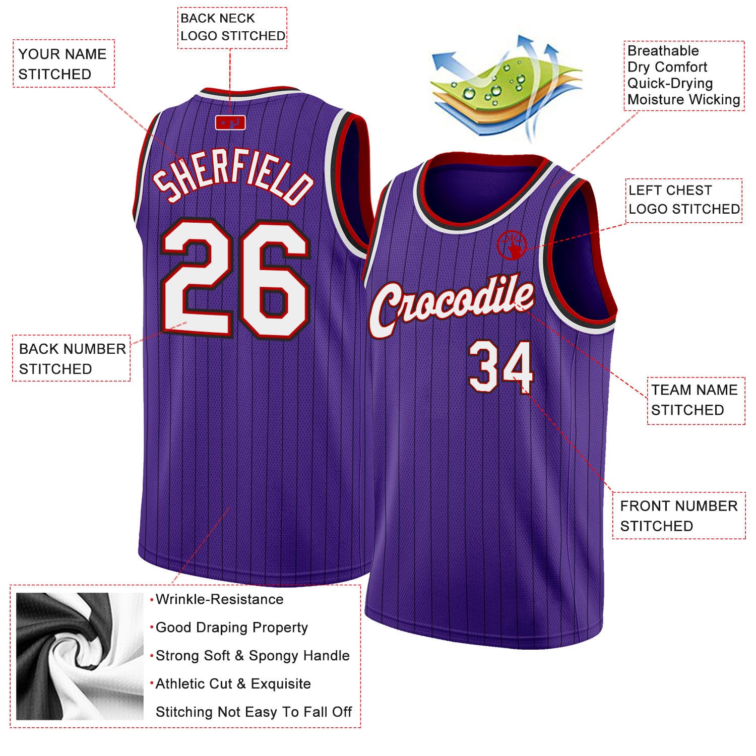 Custom Purple Black Pinstripe White-Red Authentic Basketball Jersey